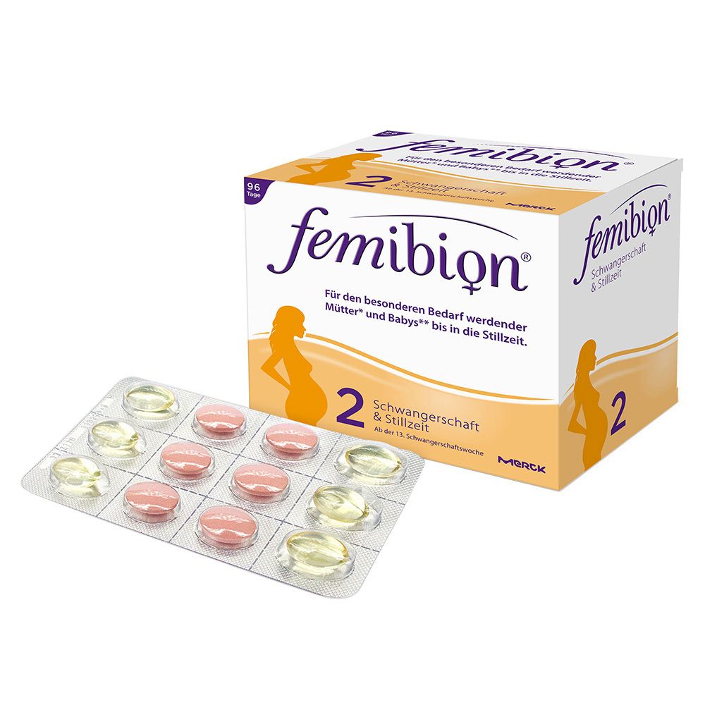 Packung und Blister mit Tabletten und Kapseln. Aufschrift: Femibion 2 Schwangerschaft & Stillzeit.