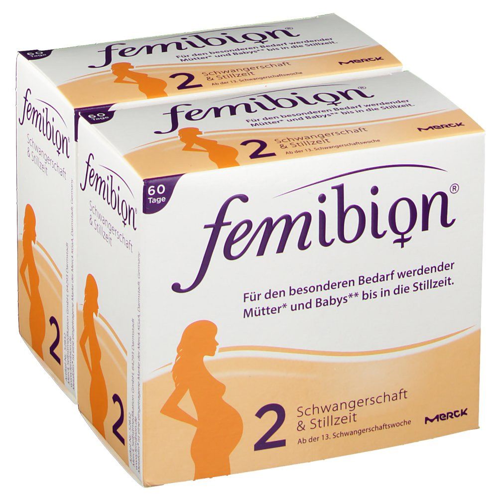 Zwei Kartons Femibion 2. Aufdruck: Schwangerschaft & Stillzeit, 60 Tage. Orangefarbene Silhouette einer schwangeren Frau.