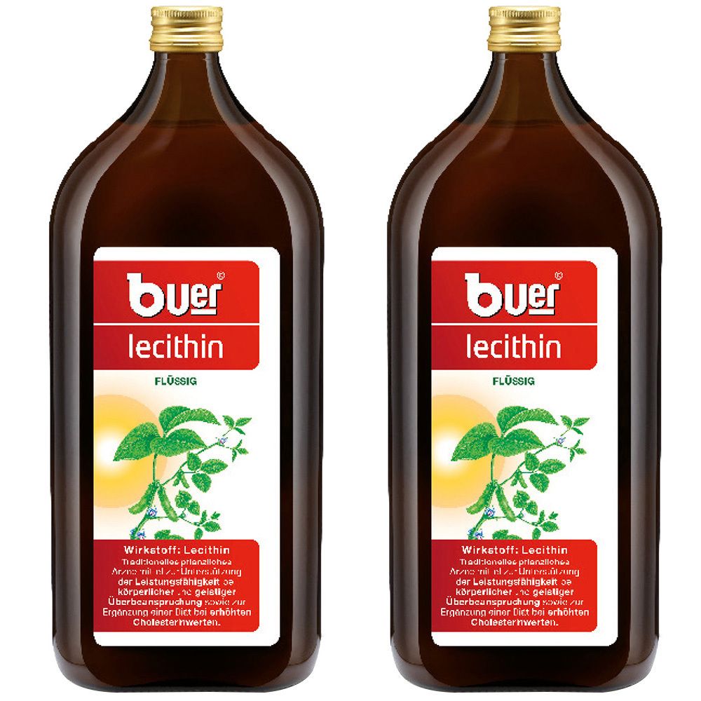 Zwei braune Flaschen mit rotem Etikett. Auf dem Etikett steht "buer lecithin". Darunter ein grünes Pflanzenmotiv.