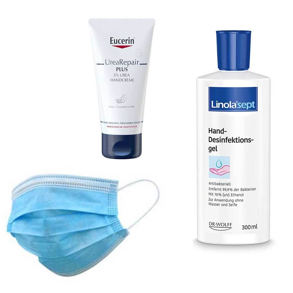 Mundschutz Einweg 3-lagig + Linola® sept Hand-Desinfektionsgel + Eucerin® Urea Repair PLUS Handcreme 5 % Set