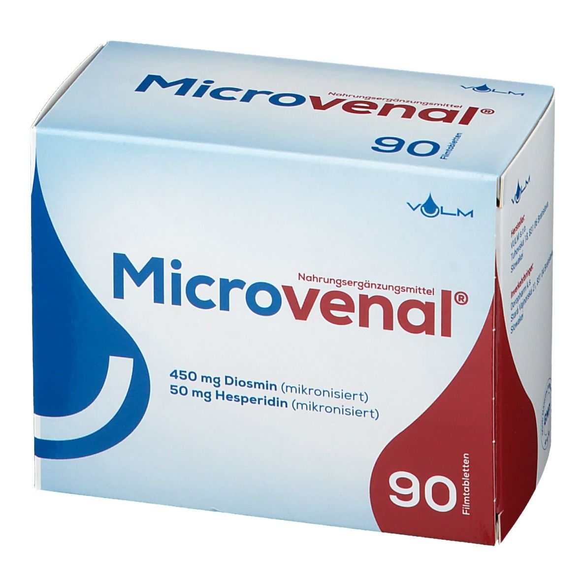 Schachtel "Microvenal" mit 90 Tabletten. Blaue und rote Elemente. Nahrungsergänzungsmittel. Enthält Diosmin und Hesperidin.