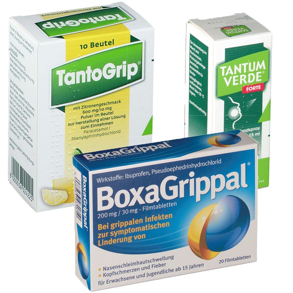 Drei Medikamentenverpackungen: TantoGrip, BoxaGrippal und Tantum Verde Forte. Beschriftungen in Deutsch.