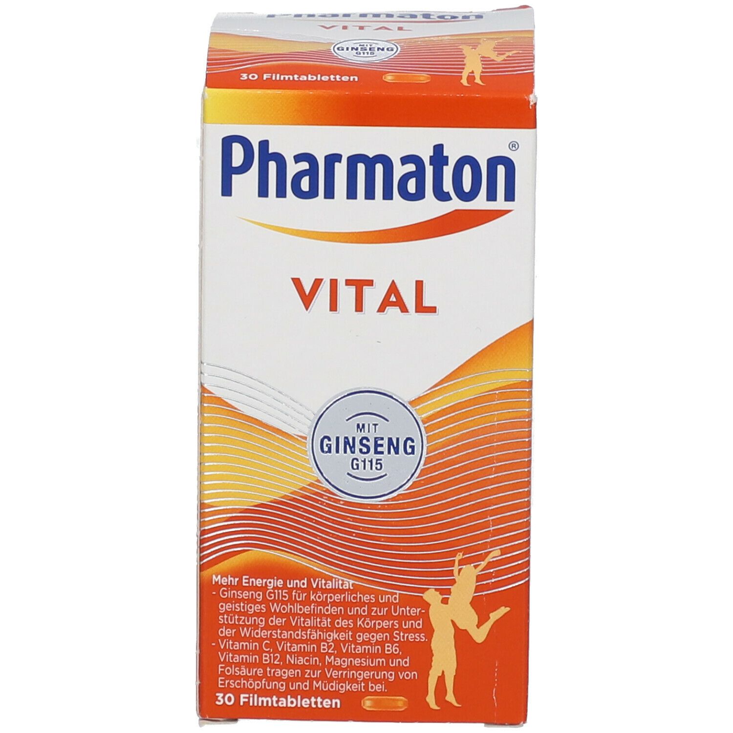 Verpackung von Pharmaton Vital. Orange-weißes Design mit Produktnamen und Inhaltsangaben. Enthält 30 Filmtabletten.