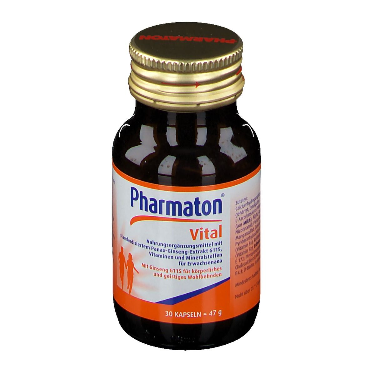 Braune Glasflasche mit goldfarbenem Deckel. Etikett mit Pharmaton Vital. Enthält 30 Kapseln.