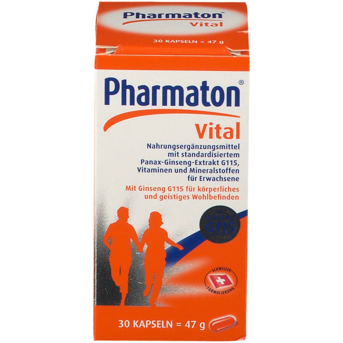 Verpackung von Pharmaton Vital. Orange-weißes Design mit Produktnamen und Inhaltsangaben. Enthält 30 Kapseln.