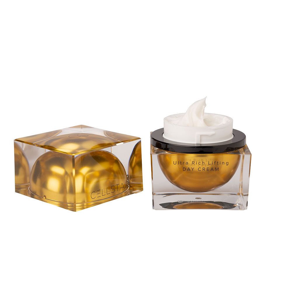 Creme in quadratischem Glasbehälter mit goldener Basis und schwarzem Deckel. Geöffnete Verpackung.