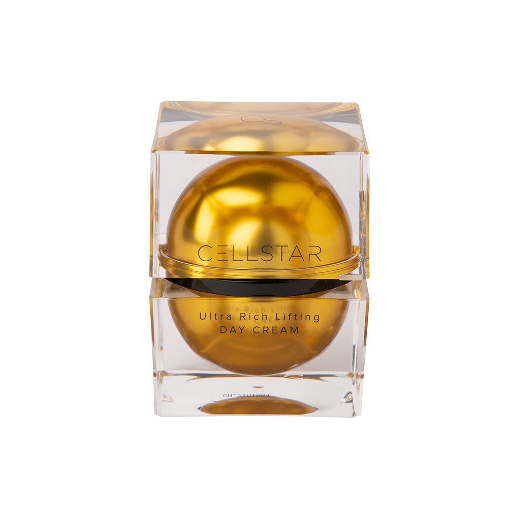 Creme in quadratischem Glasbehälter mit goldener Basis und schwarzem Deckel. Geschlossene Verpackung.