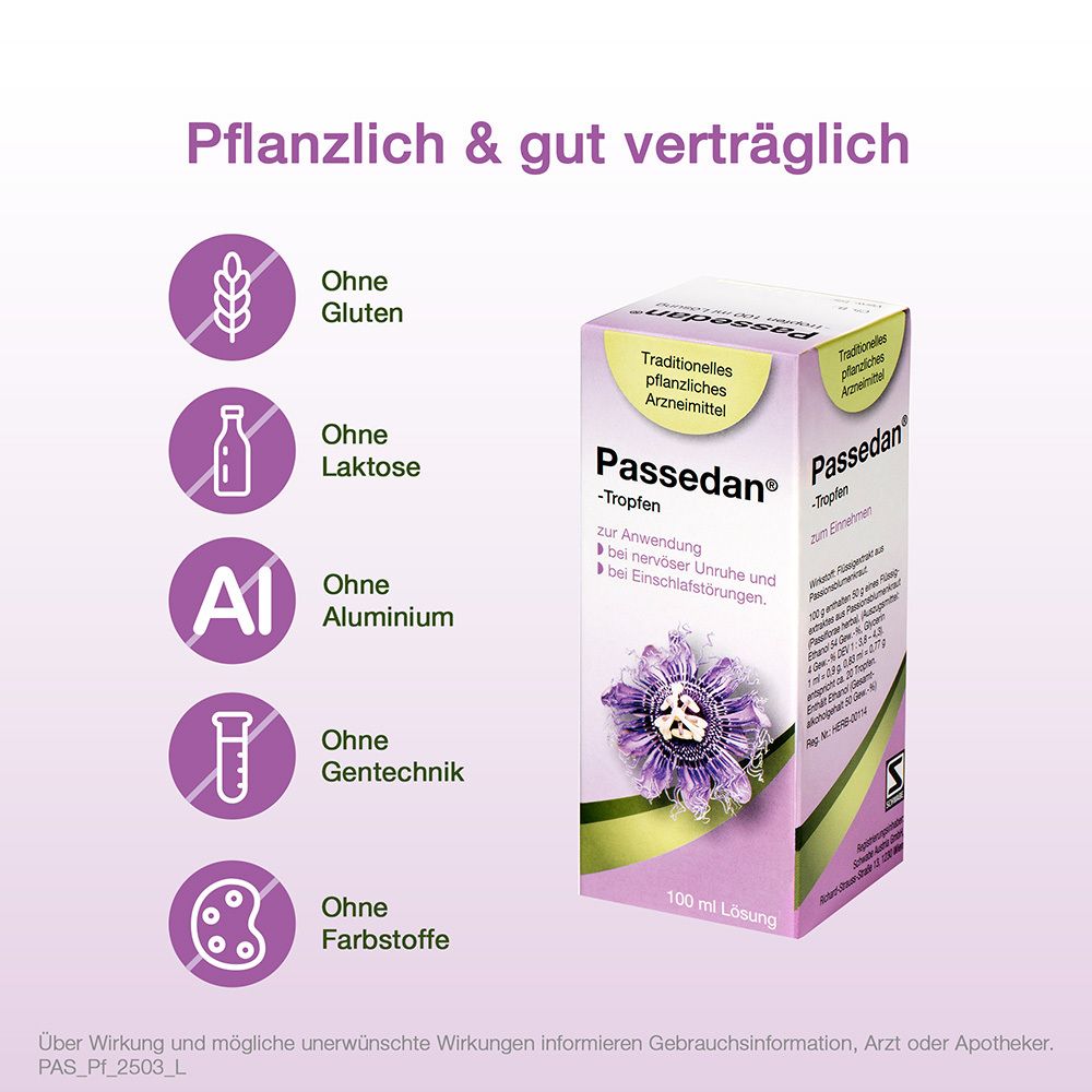 Werbung für Passedan®-Tropfen. Abgebildet ist eine Packung. Symbole: Ohne Gluten, Laktose, Aluminium, Gentechnik, Farbstoffe. Text: Pflanzlich & gut verträglich.