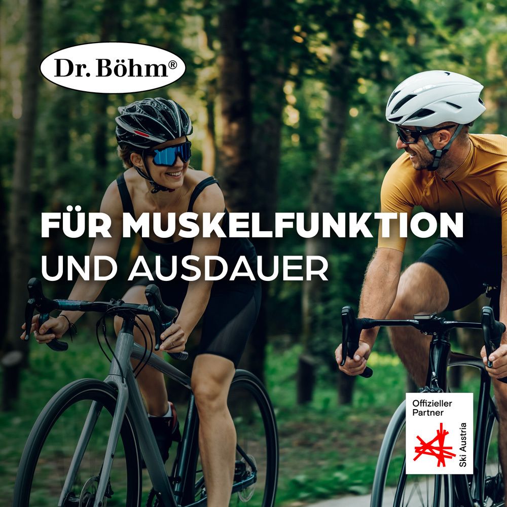 Zwei Radfahrer mit Helmen. Text: FÜR MUSKELFUNKTION UND AUSDAUER. Logo: Dr. Böhm. Ski Austria Logo.