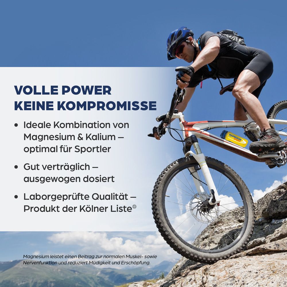 Mountainbiker auf Felsen. Text: VOLLE POWER KEINE KOMPROMISSE. Produkt: Dr. Böhm Magnesium Sport. Laborgeprüft.
