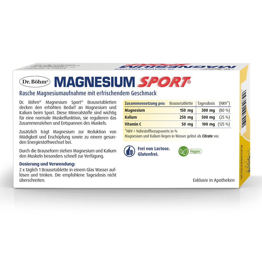 Rückseite der Dr. Böhm Magnesium Sport Brausetabletten-Packung. Inhaltsstoffe, Dosierung, Hinweise. Frei von Laktose und Gluten.