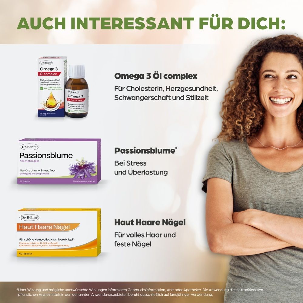 Produkte von Dr. Böhm: Omega 3 Öl, Passionsblume, Haut Haare Nägel. Frau lächelt.