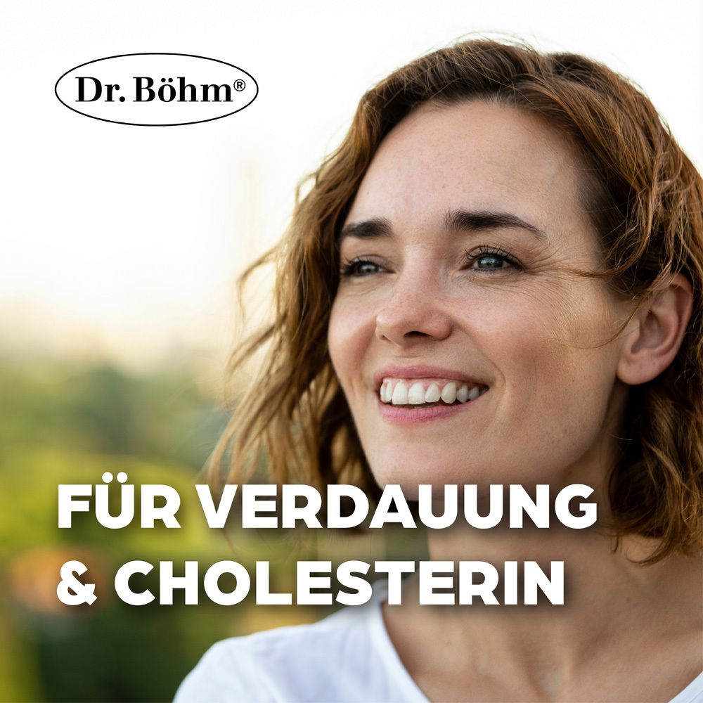 Porträt einer lächelnden Frau. Text: FÜR VERDAUUNG & CHOLESTERIN. Logo: Dr. Böhm.