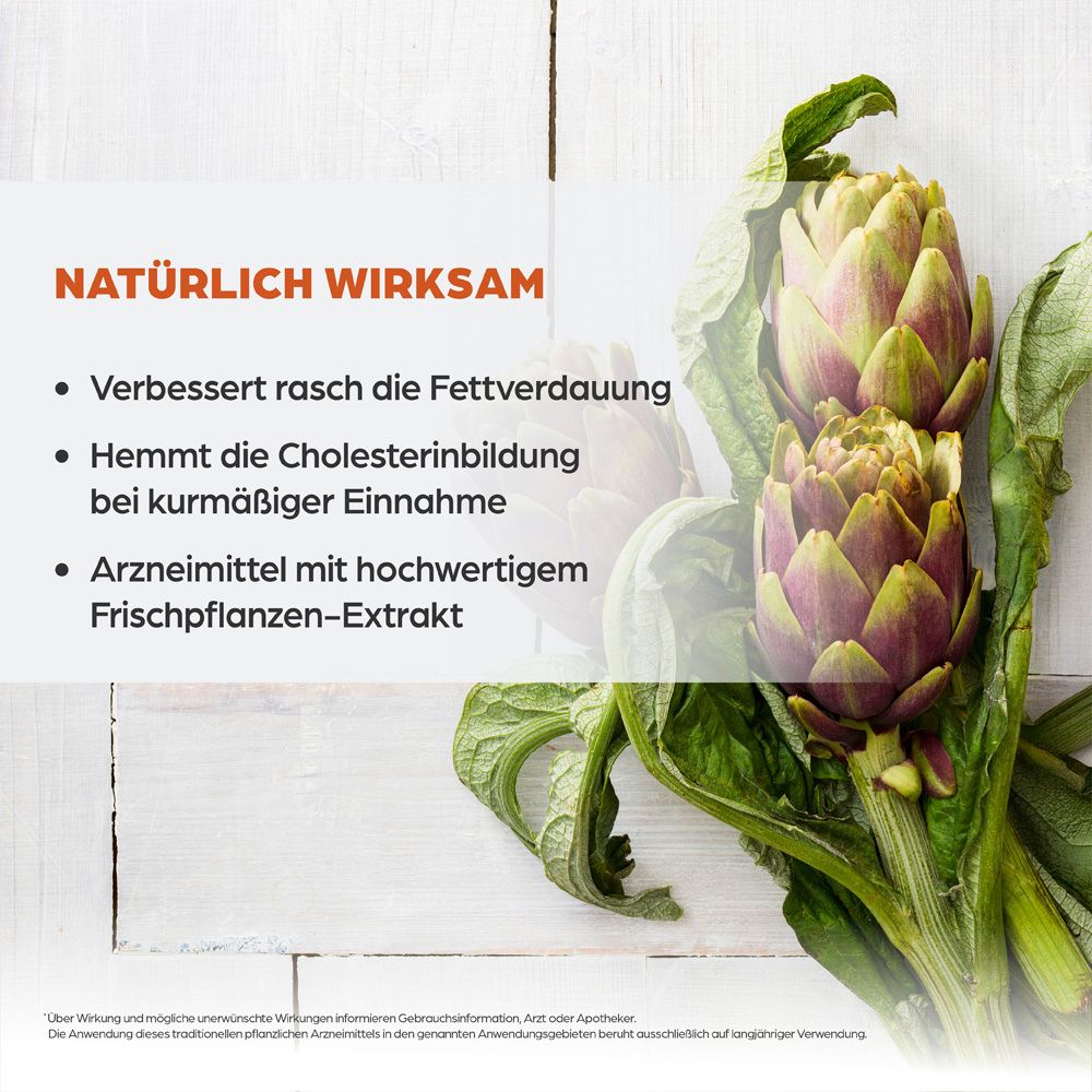 Artischockenblüten auf hellem Hintergrund. Text: NATÜRLICH WIRKSAM. Auflistung von Vorteilen.