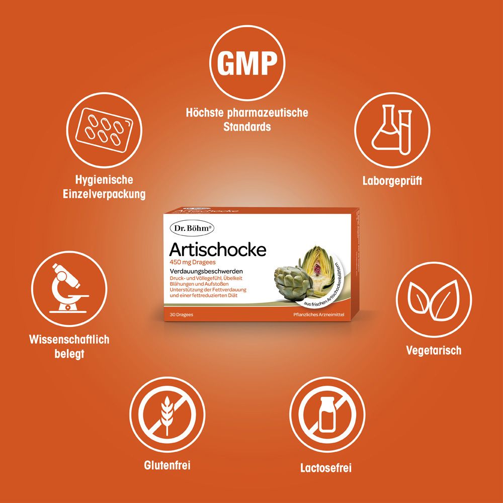 Produktverpackung Dr. Böhm Artischocke 450 mg, umgeben von Icons. Logos: GMP, vegetarisch, glutenfrei, laktosefrei.