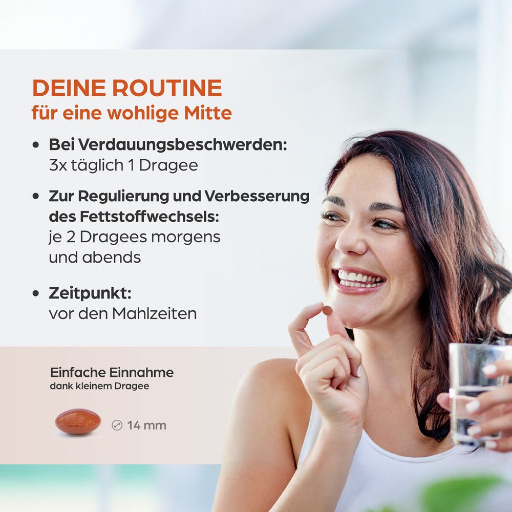 Frau nimmt Dragee ein, Text über Routine für Wohlbefinden, Verdauung und Cholesterin.
