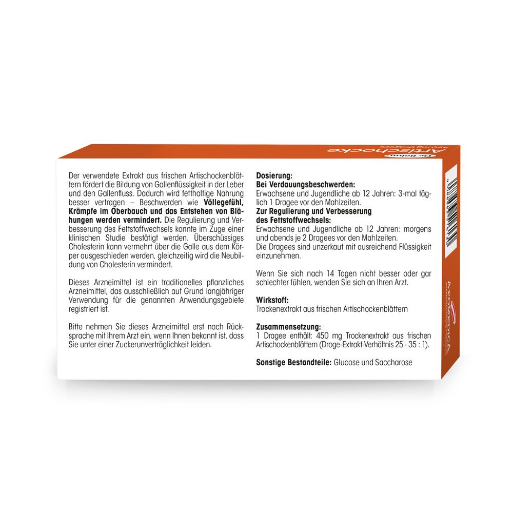 Rückseite der Dr. Böhm Artischocke 450 mg Packung. Text mit Dosierung und Inhaltsstoffen.