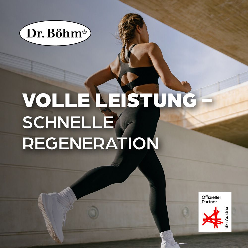 Läuferin in Sportkleidung. Text: Volle Leistung - Schnelle Regeneration. Logo: Dr. Böhm®. Offizieller Partner Ski Austria.