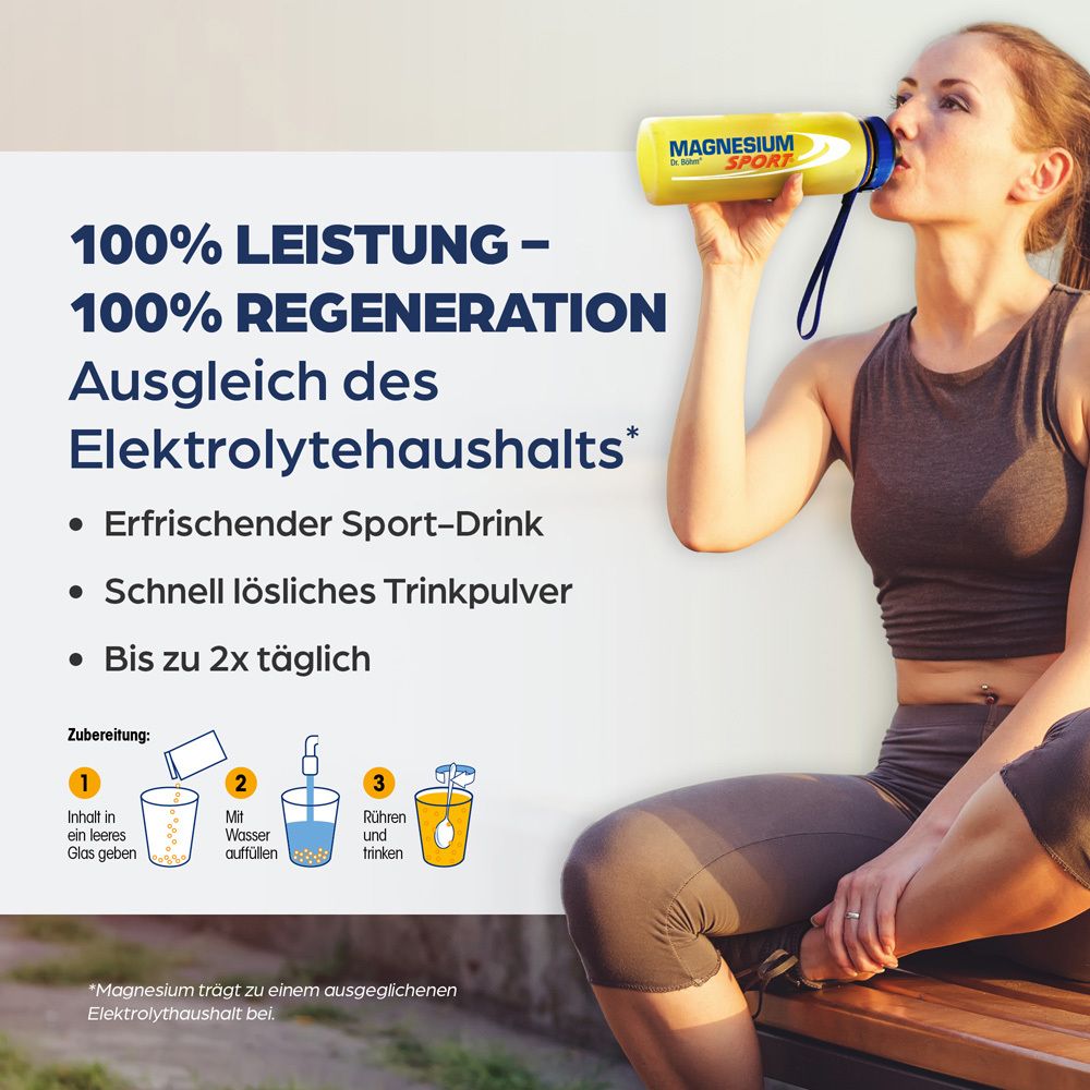 Frau trinkt Sportgetränk aus gelber Flasche. Text: 100% Leistung - 100% Regeneration. Ausgleich des Elektrolythaushalts.