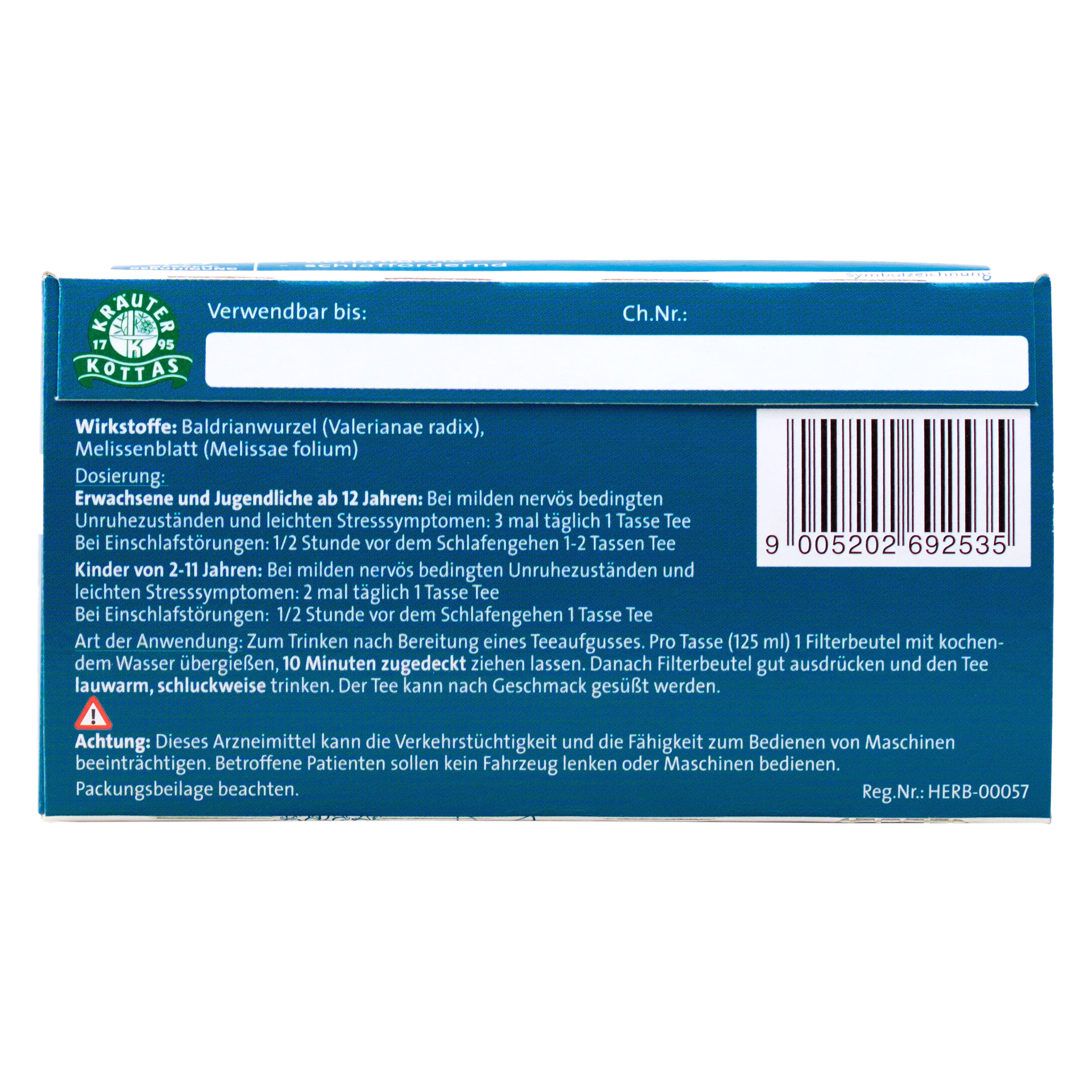 Rückseite einer Packung DR. KOTTAS Nerven-Schlaf-Tee mit Anwendungshinweisen, Inhaltsstoffen und Barcode.