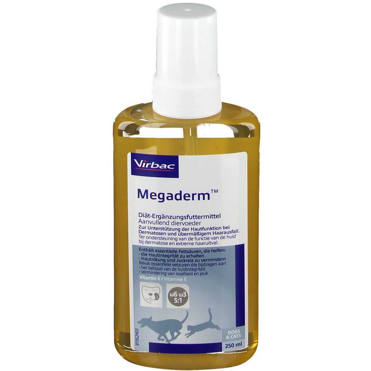 Eine Flasche Virbac Megaderm, ein Ergänzungsfuttermittel. Aufschrift: Zur Unterstützung der Hautfunktion bei Dermatosen. Enthält 250 ml.