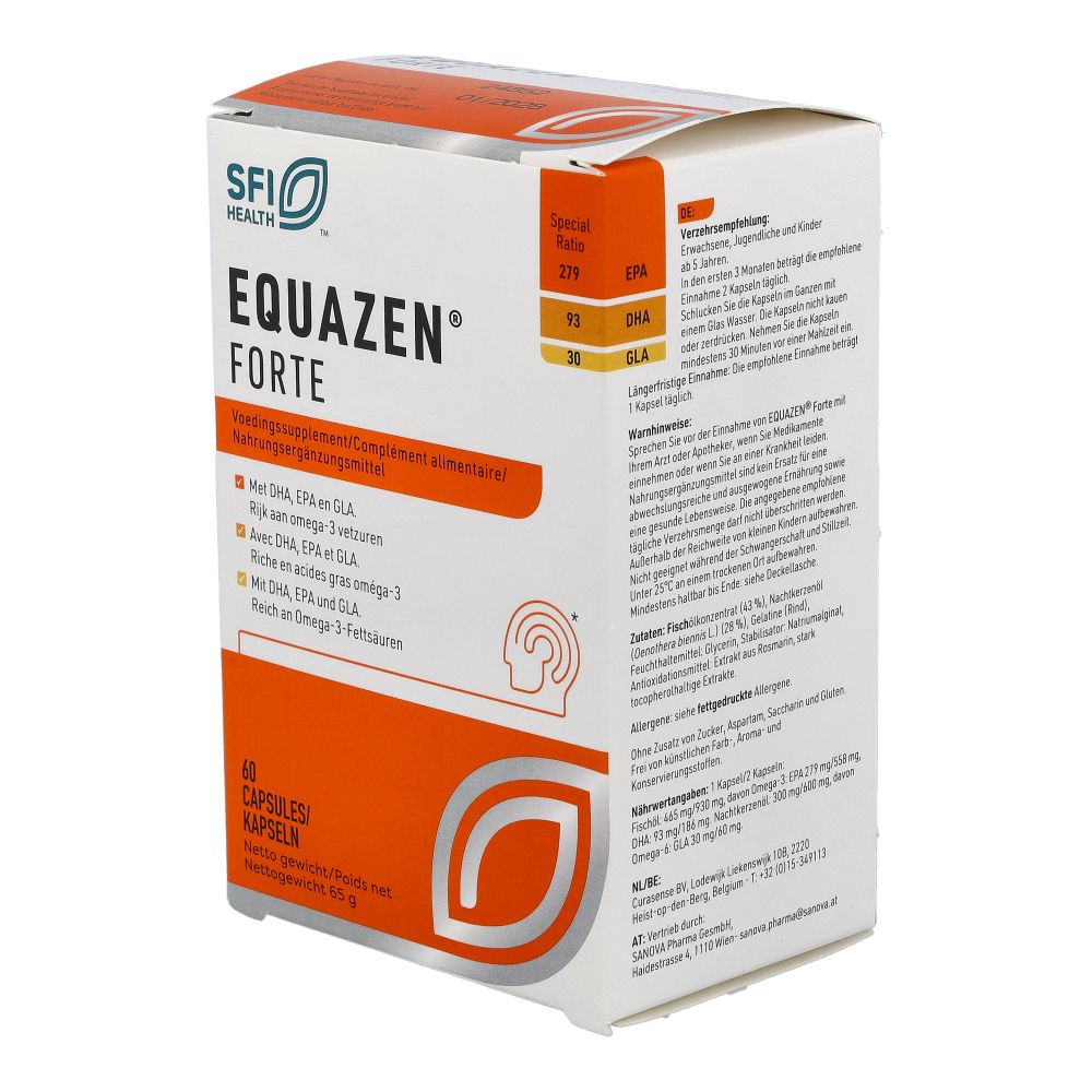 EQUAZEN® FORTE Packung, Rückseite mit Nährwertangaben und Anwendungshinweisen.