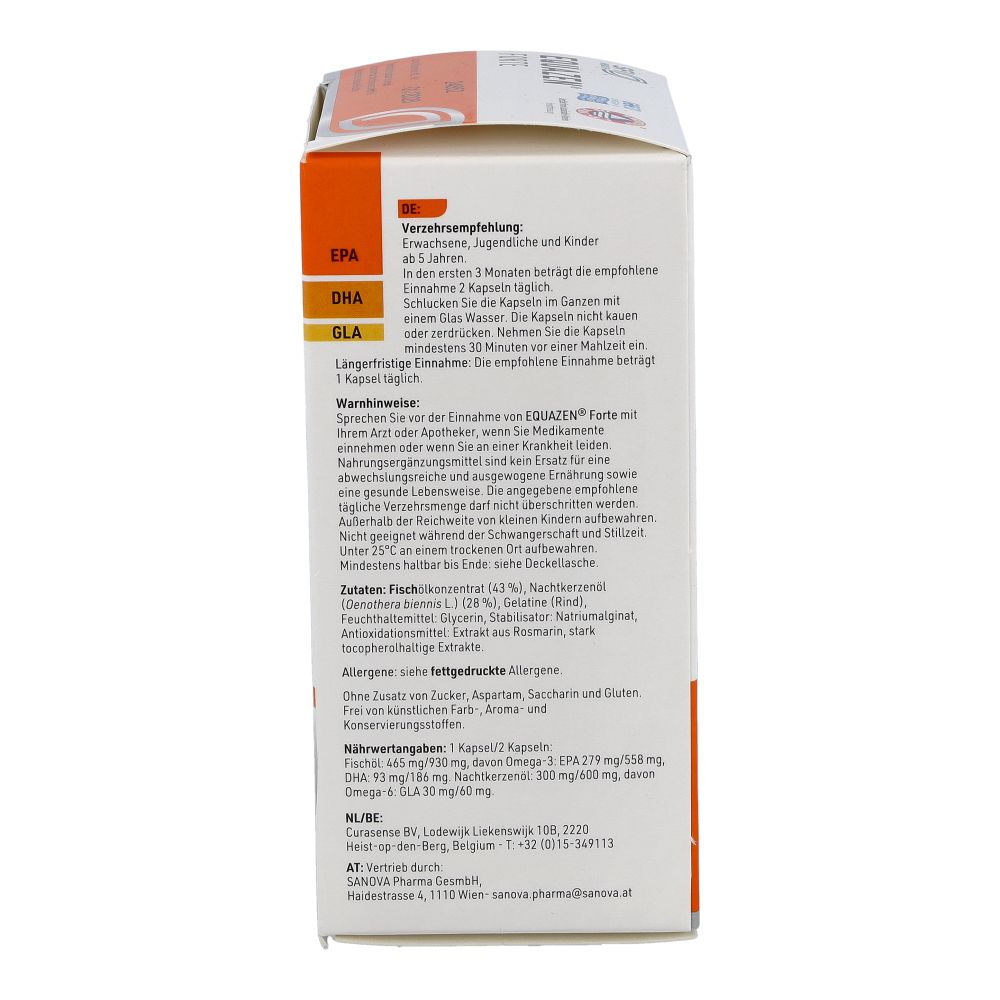 EQUAZEN® FORTE Packung, Seitenansicht mit Anwendungshinweisen und Inhaltsstoffen.