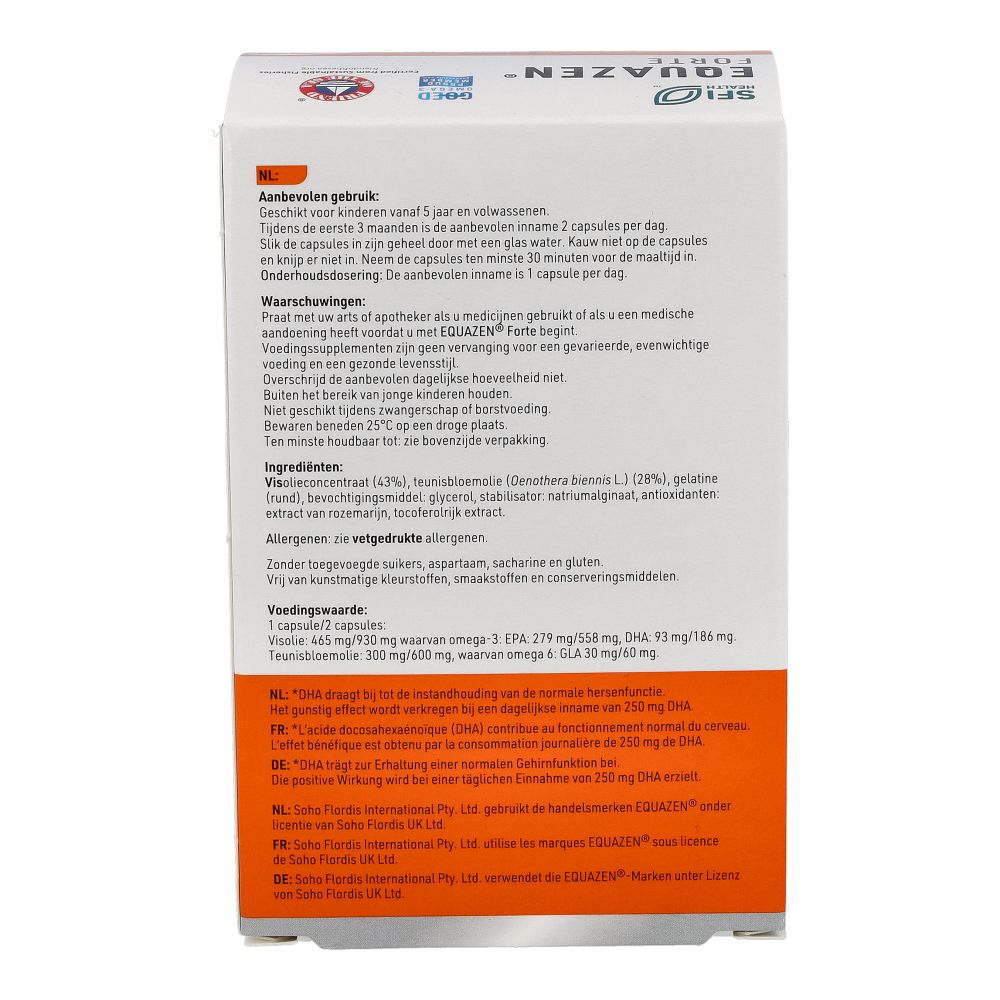 EQUAZEN® FORTE Packung, Rückseite mit Anwendungshinweisen und Inhaltsstoffen auf Niederländisch.