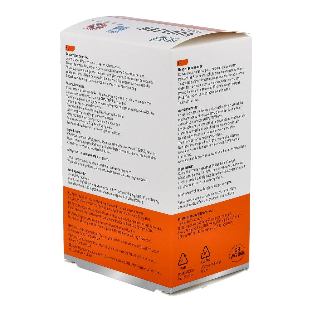 EQUAZEN® FORTE Packung, Seitenansicht mit Anwendungshinweisen und Inhaltsstoffen auf Französisch.