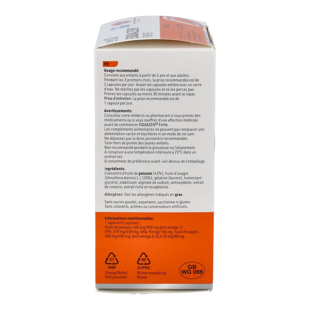 EQUAZEN® FORTE Packung, Rückseite mit Anwendungshinweisen und Inhaltsstoffen auf Französisch.