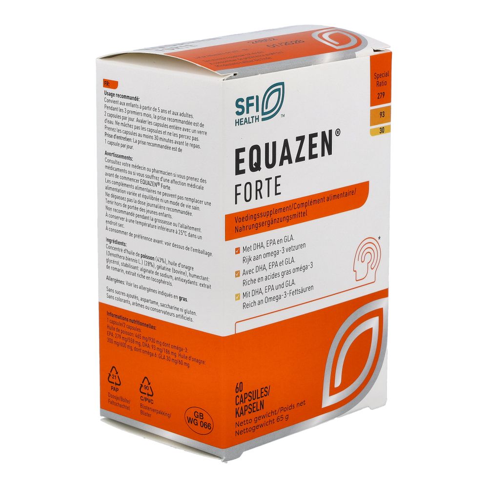 EQUAZEN® FORTE Packung, Vorderseite und Seitenansicht mit Produktinformationen.