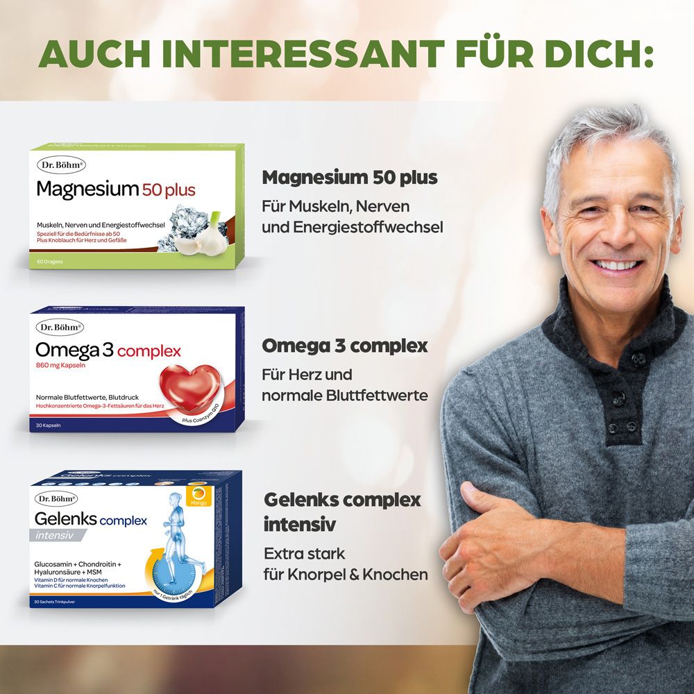 Drei Produktverpackungen: Magnesium 50 plus, Omega 3 complex, Gelenks complex intensiv. Mann lächelt.