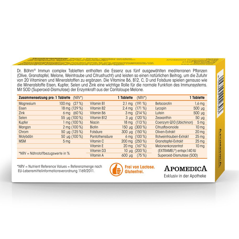 Rückseite der Dr. Böhm® Immun complex Packung. Inhaltsstoffe und Nährwertangaben. Text: Frei von Laktose, Gluten.