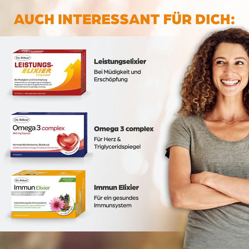 Drei Produktverpackungen: Leistungs-Elixier, Omega 3 complex, Immun Elixier. Frau mit verschränkten Armen.