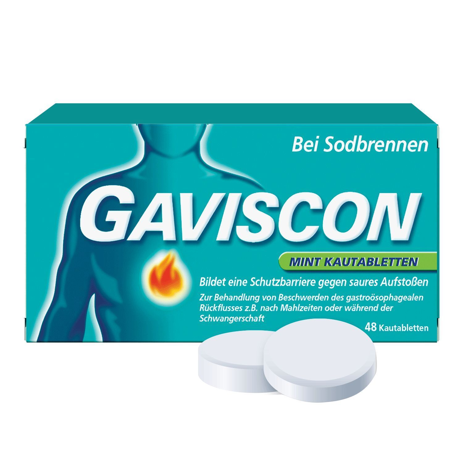 GAVISCON Mint Kautabletten-Packung. Türkis-farbene Schachtel mit Produktname und Beschreibung. Zwei Tabletten liegen davor.