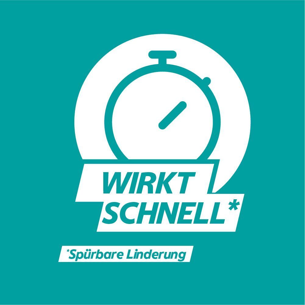 Stoppuhr-Grafik. Text: Wirkt schnell. Türkis Hintergrund.
