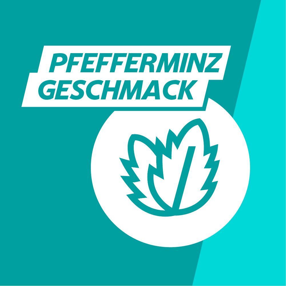 Grafik mit Pfefferminzblättern. Text: Pfefferminz Geschmack. Türkis Hintergrund.