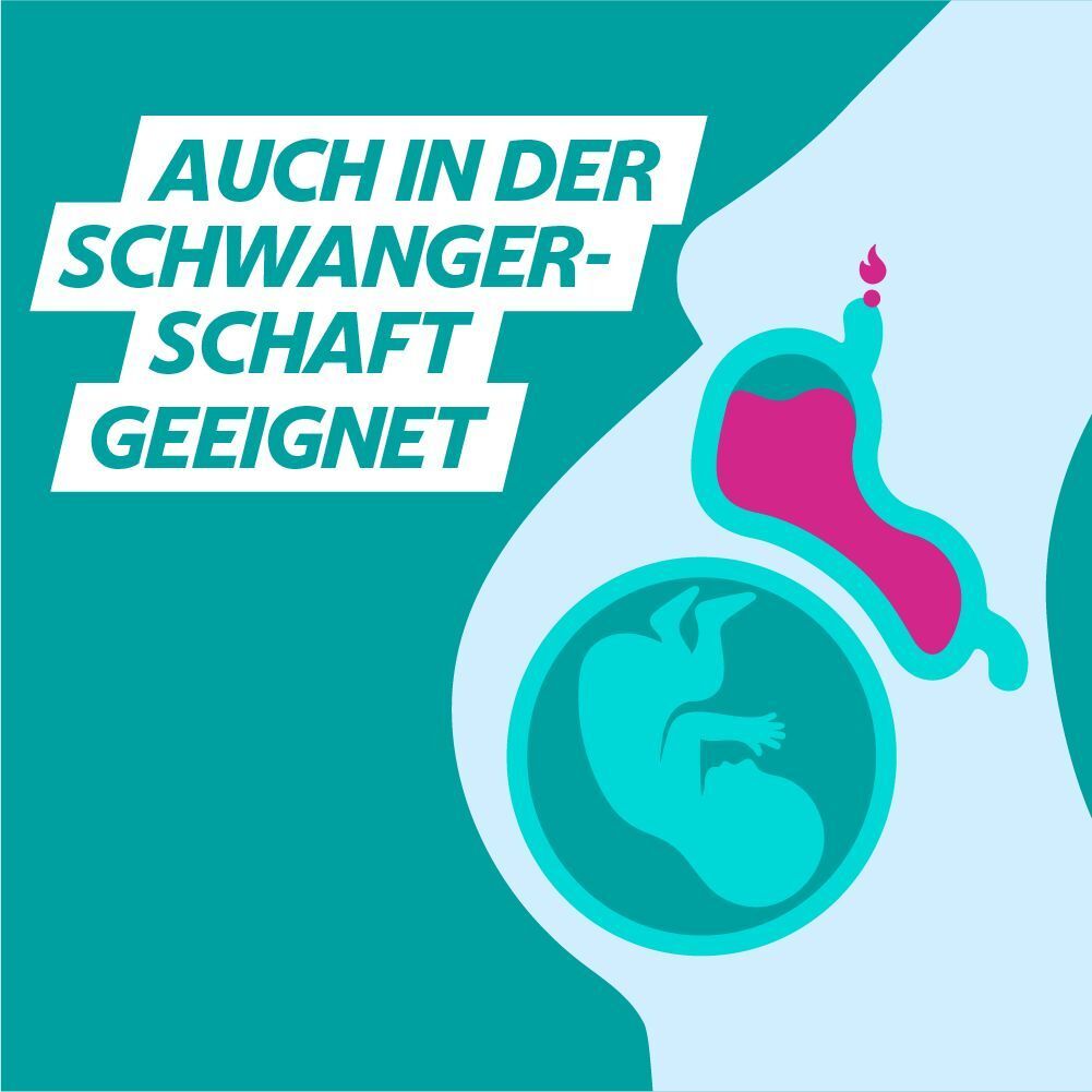 Grafik einer schwangeren Frau und eines Babys. Text: Auch in der Schwangerschaft geeignet. Türkis Hintergrund.