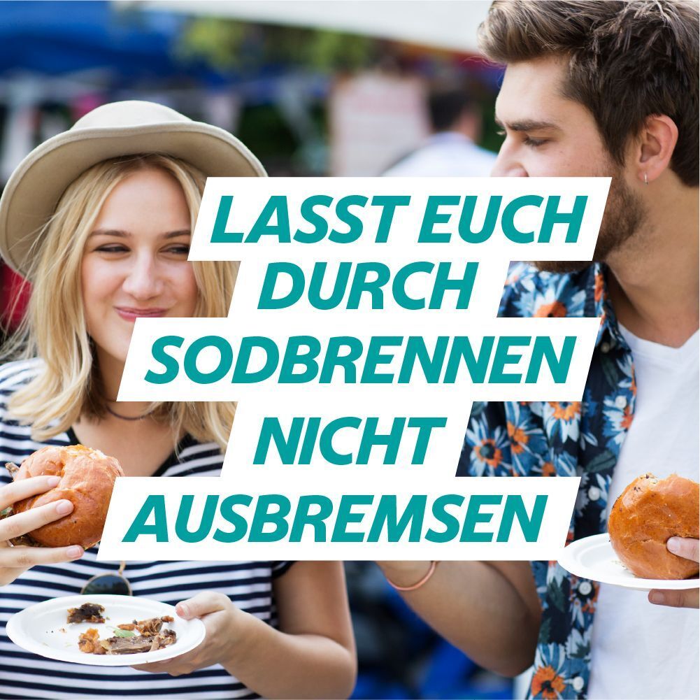 Paar im Freien. Text: Lasst euch durch Sodbrennen nicht ausbremsen. Essen am Tisch.