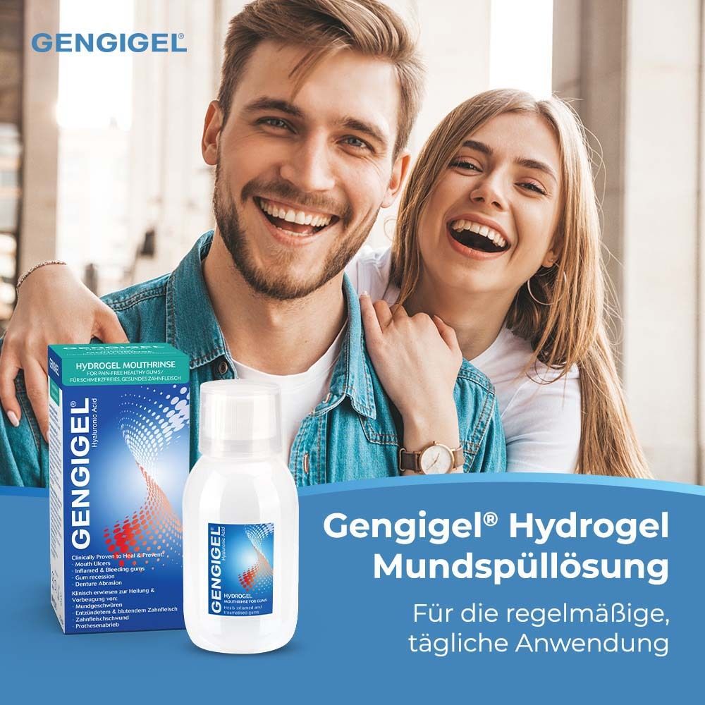 Ein Paar lächelt. Gengigel Hydrogel Mundspüllösung und Verpackung sind abgebildet.