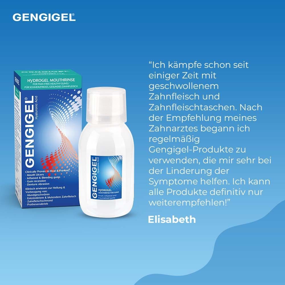 Gengigel Hydrogel Mundspüllösung und Verpackung. Zitat von Elisabeth über die Verwendung.