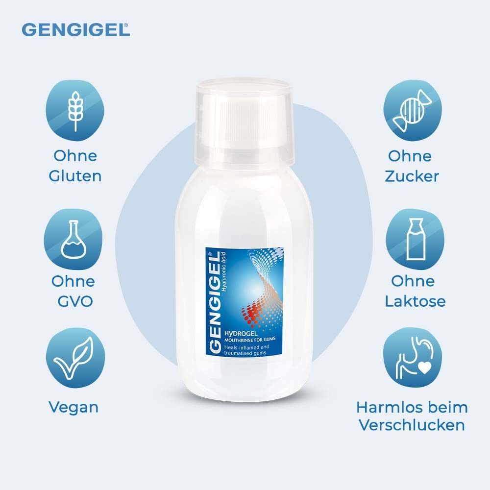 Gengigel Hydrogel Mundspüllösung. Sechs Symbole: glutenfrei, ohne Zucker, ohne GVO, ohne Laktose, vegan, unbedenklich.