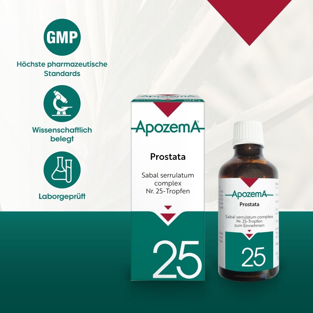 ApozemA Prostata Tropfen Nr. 25 Schachtel und Flasche, mit GMP und Laborsiegeln.