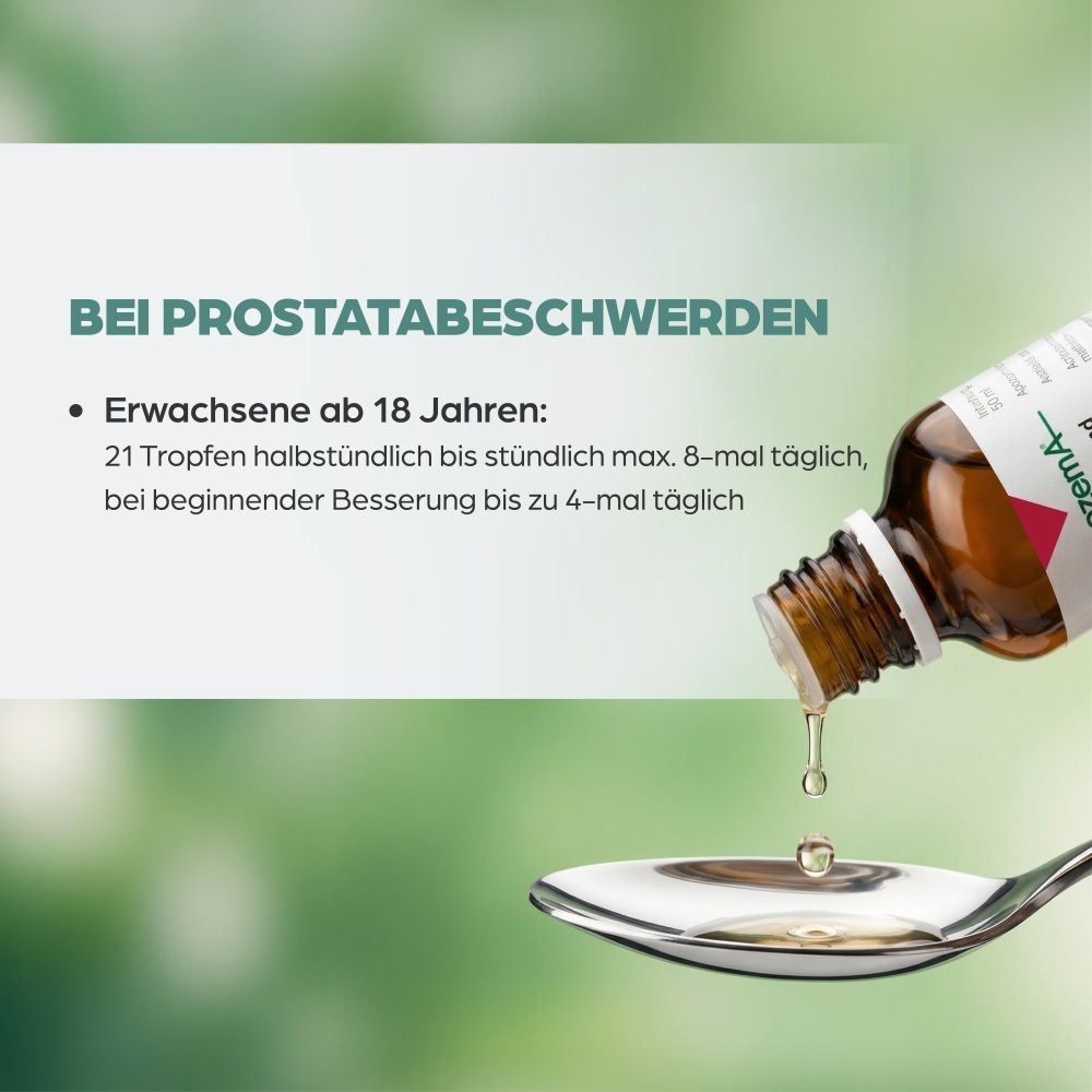 Tropfen ApozemA Prostata werden auf einen Löffel getropft, mit Text zu Anwendungshinweisen.
