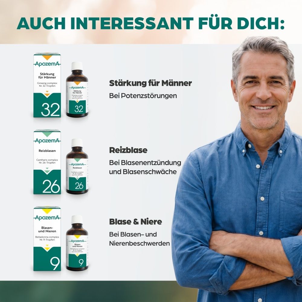 Mann lächelt, neben Produkten für Männergesundheit: ApozemA 32, 26, 9.