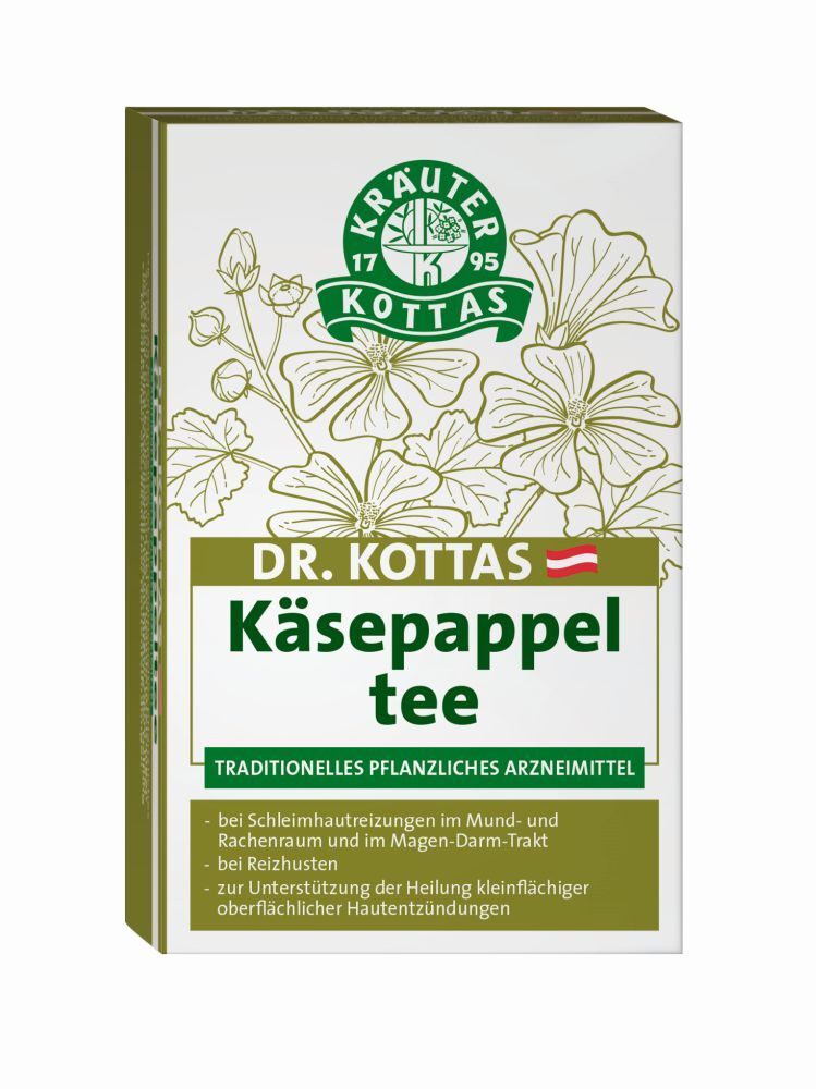 Verpackung von DR. KOTTAS Käsepappeltee. Weißer Karton mit grünen Akzenten und floralem Muster. Text: Käsepappeltee, traditionelles pflanzliches Arzneimittel.