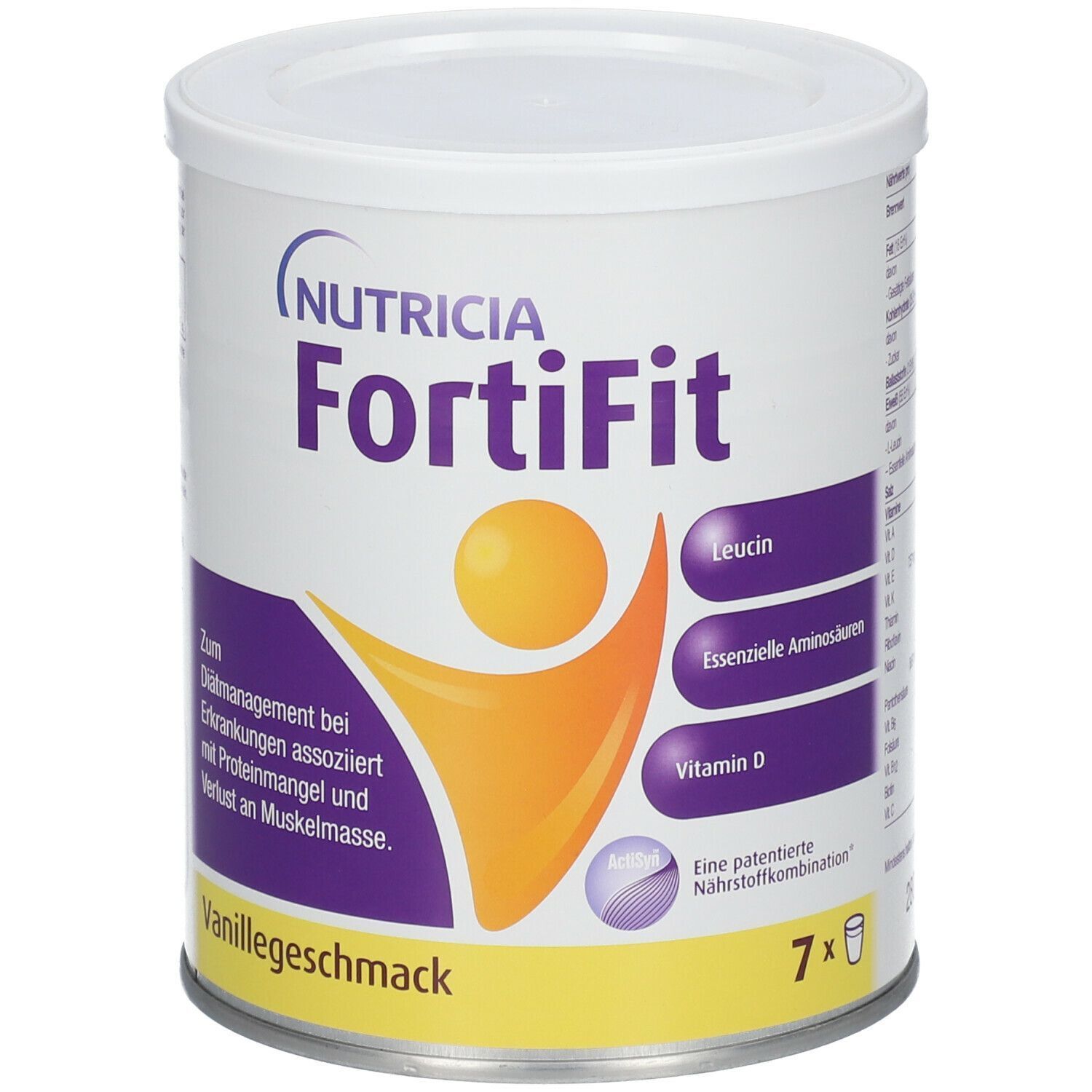 Zylinderdose mit Deckel. Aufschrift: Nutricia FortiFit, Vanillegeschmack. Enthält Leucin, essentielle Aminosäuren, Vitamin D. 7x.