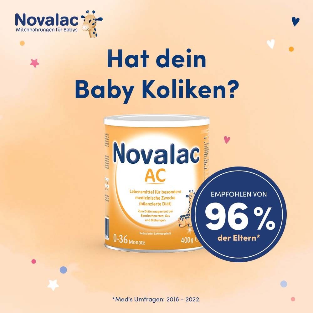 Werbung für Novalac AC. Dose mit Aufschrift Novalac AC. Text: Hat dein Baby Koliken? Empfohlen von 96% der Eltern.