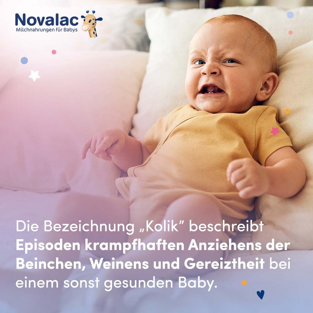 Baby liegt auf dem Rücken, Blick nach oben. Text: Die Bezeichnung „Kolik“ beschreibt Episoden krampfhaften Anziehens der Beinchen, Weinens und Gereiztheit.