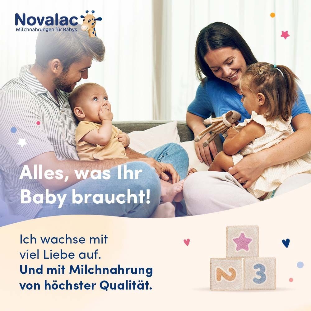 Familie mit Baby und Kleinkind. Text: Alles, was Ihr Baby braucht! Ich wachse mit viel Liebe auf. Und mit Milchnahrung von höchster Qualität.
